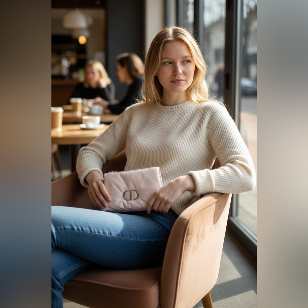 Chic Cream Knit Sweater with Blush Pouch